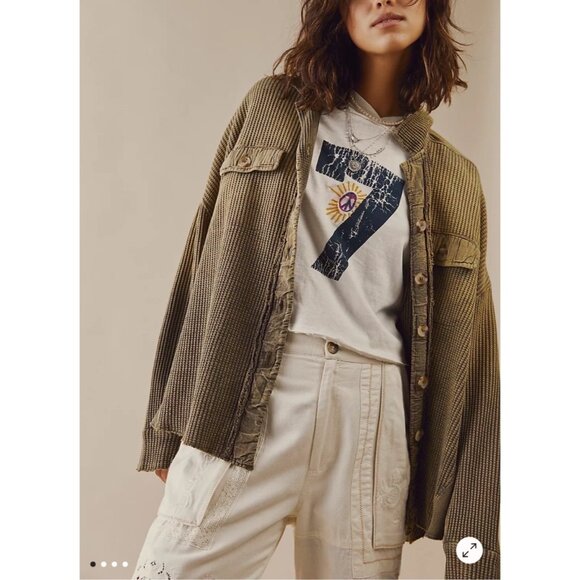 Free People FP One Scout Dip Dye Jacket Button-Front Olive Green 100% Cotton SzS - Picture 2 of 13